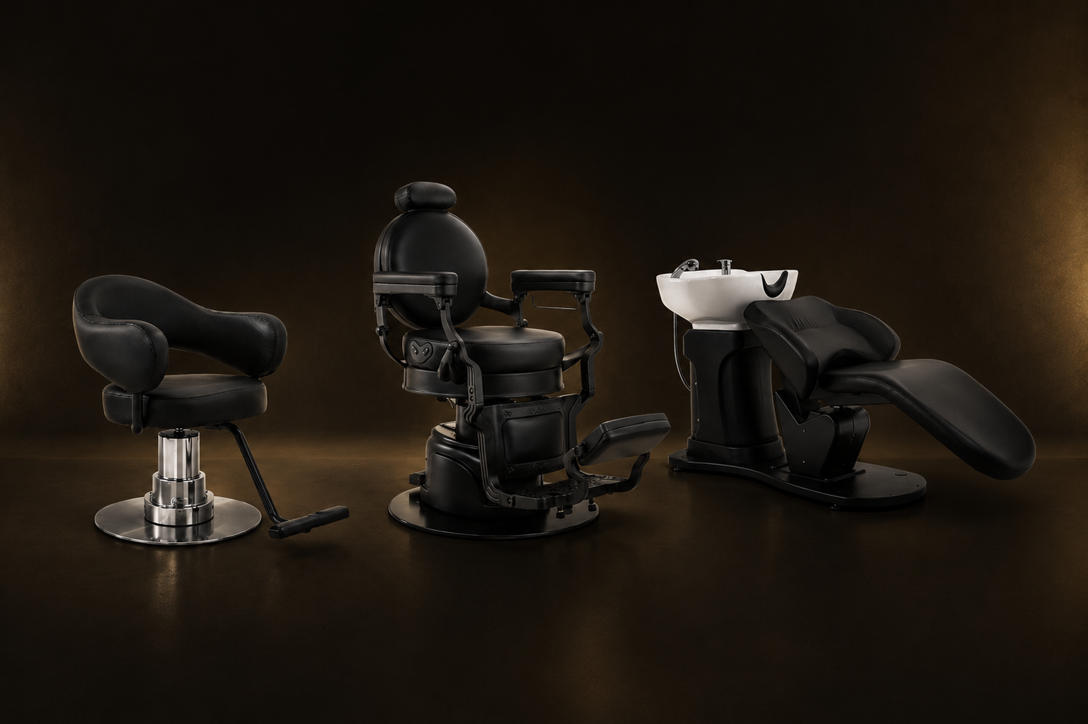 Collection Nexora — fauteuil Svelt 66, fauteuil barber Thor 11 et bac à shampoing Relax Spa 72